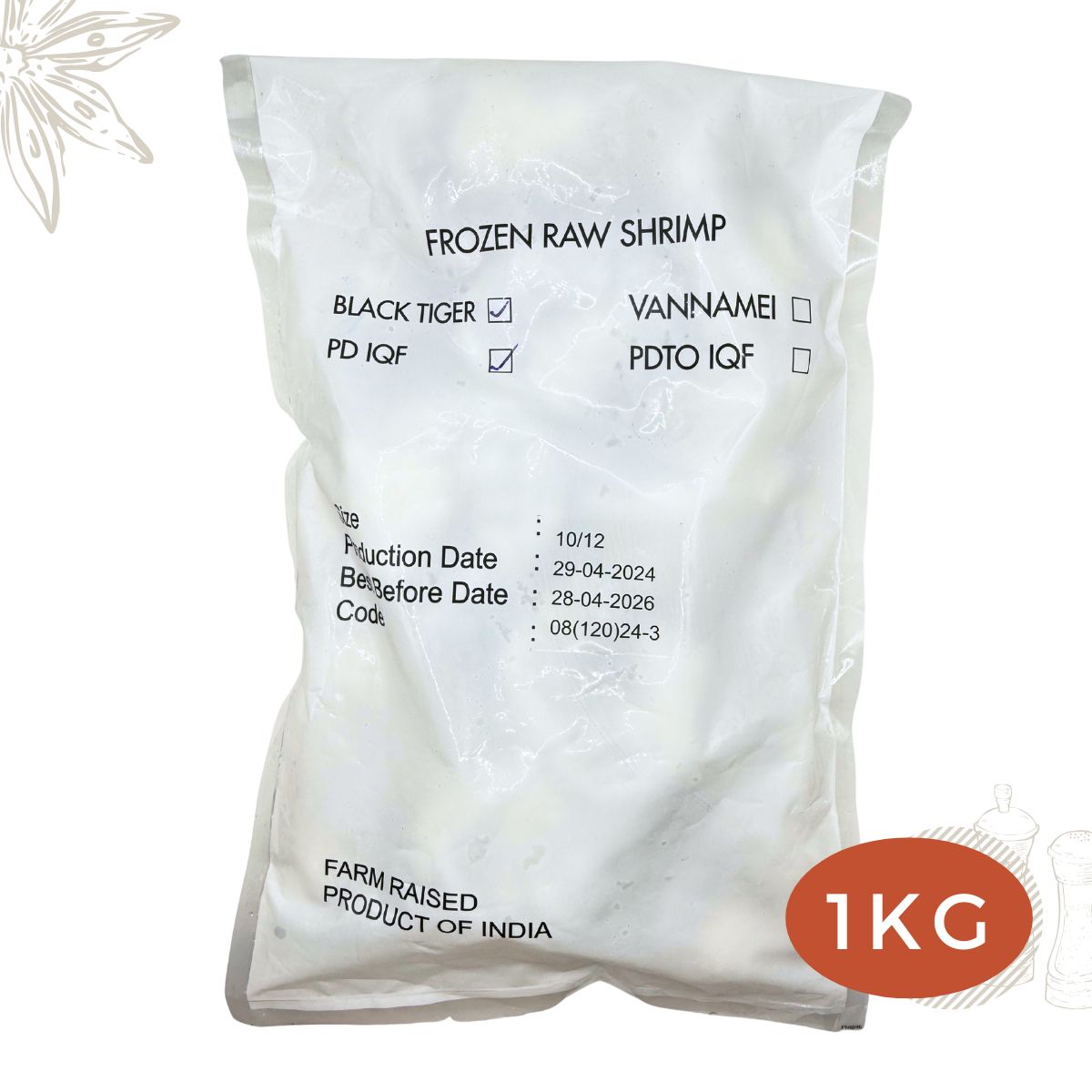 Deshelled Black Tiger Prawns (peeled & deveined) PND 1012_back Frozen Deshelled Extra Large Black Tiger Prawns 10/12 peeled and deveined PND