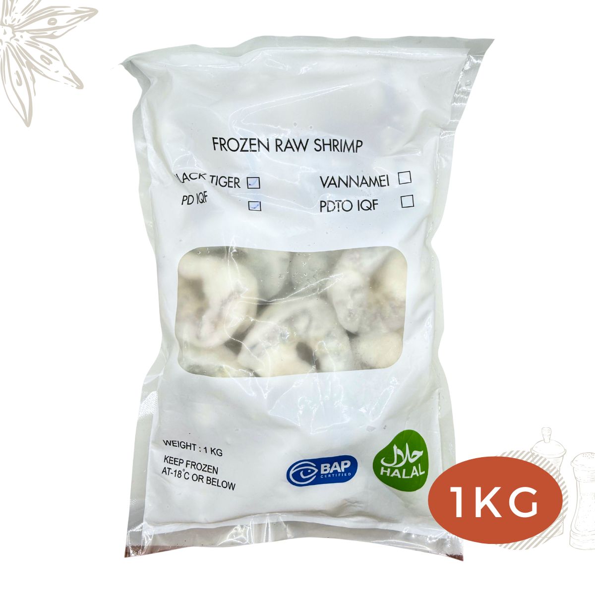 Deshelled Black Tiger Prawns (peeled & deveined) PND 1012_front Frozen Deshelled Extra Large Black Tiger Prawns 10/12 peeled and deveined PND