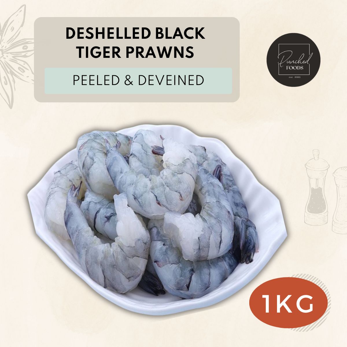 Deshelled Black Tiger Prawns (peeled & deveined) PND 1012_lifestyle Frozen Deshelled Extra Large Black Tiger Prawns 10/12 peeled and deveined PND